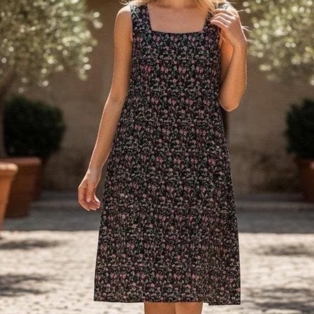 HW New York Sheath Dress Women 12 Black Pink Floral Sleeveless Knee Cottagecore